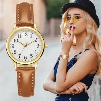Женские часы С Легко Читаемыми Арабскими Цифрами, Цифровые Часы с Простым Циферблатом, Кожаный Ремешок, Кварцевые Наручные Часы Montre Femme Reloj Mujer