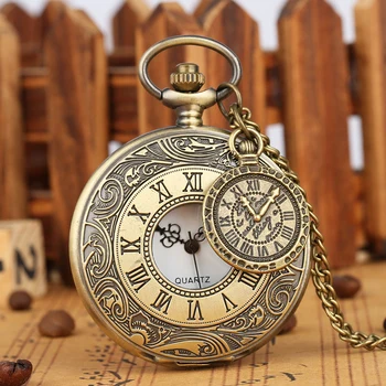 Ретро кварцевые карманные часы с бронзовой гравировкой римской цифры, полое ожерелье, карманные часы, Мужские Женские подвесные часы с аксессуаром
