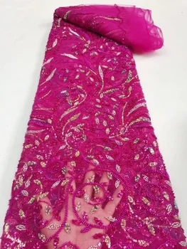 Роскошная кружевная ткань Sequence African Beads 2023 Новейшего высококачественного Дубайского французского тюля с кружевной вышивкой и пайетками для вечернего платья